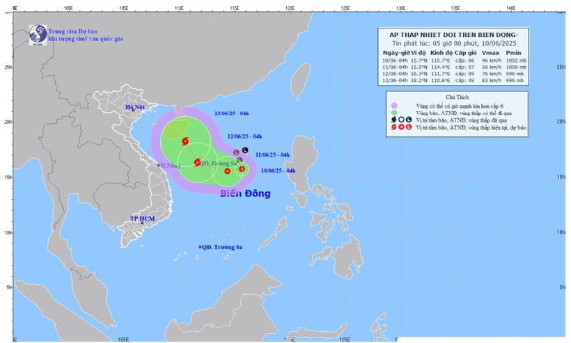 Bản đồ dự báo quỹ đạo và cường độ áp thấp nhiệt đới lúc 5 giờ ngày 10/6/2025. Bản đồ dự báo quỹ đạo và cường độ áp thấp nhiệt đới lúc 5 giờ ngày 10/6/2025.