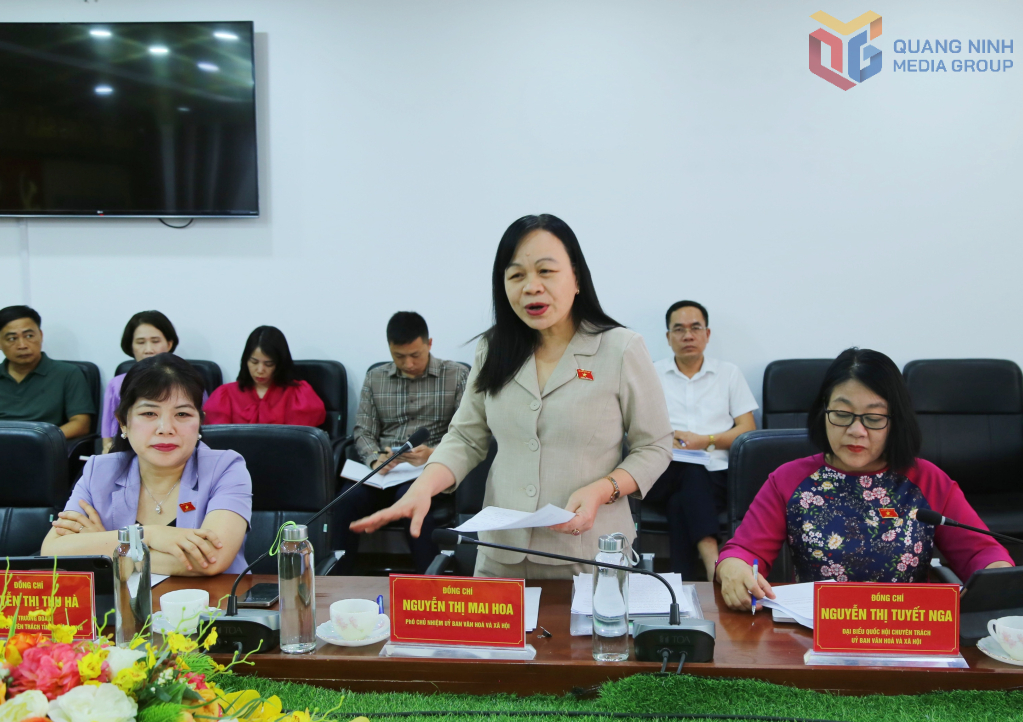 Bà Nguyễn Thị Mai Hoa, Phó Chủ nhiệm Ủy ban Văn hóa và Xã hội của Quốc hội, phát biểu tại buổi làm việc.
