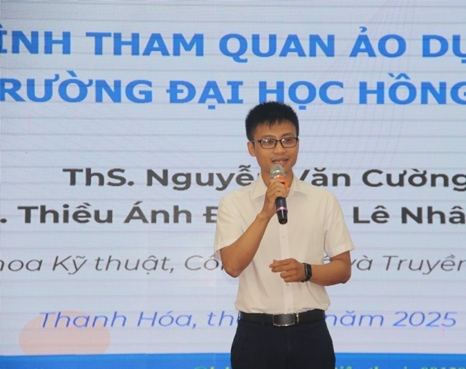 ThS. Nguyễn Văn Cường Giảng viên khoa KT, CN&TT trình bày tham luận: “Xây dựng mô hình tham quan ảo dựa trên WEB 3D tại Trường ĐH Hồng Đức”.