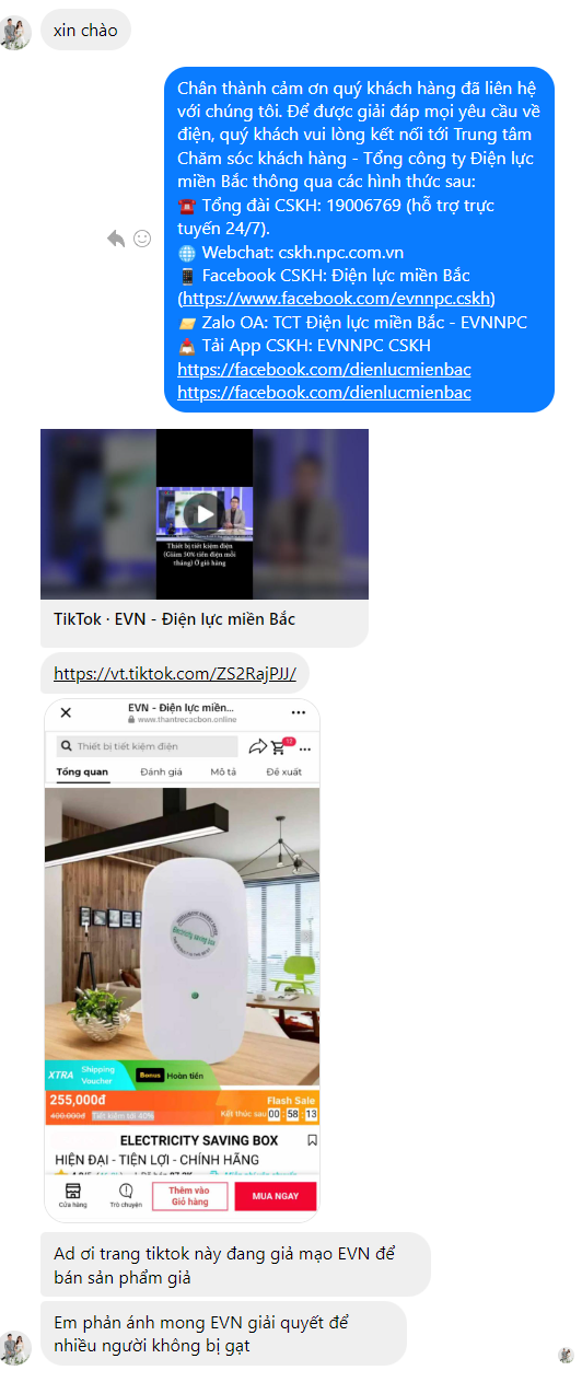 Hình ảnh khách hàng phản ánh tới fanpage Tổng công ty Điện lực miền Bắc (EVNNPC)