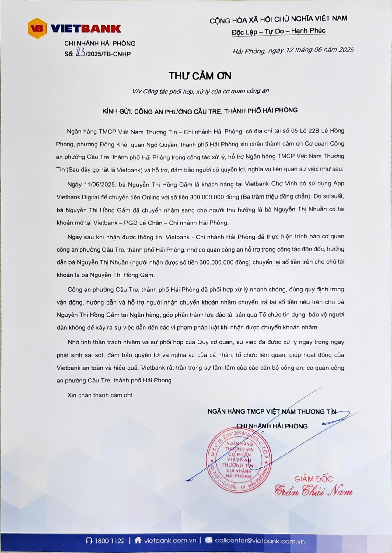 Thư cảm ơn của Vietbank chi nhánh Hải Phòng