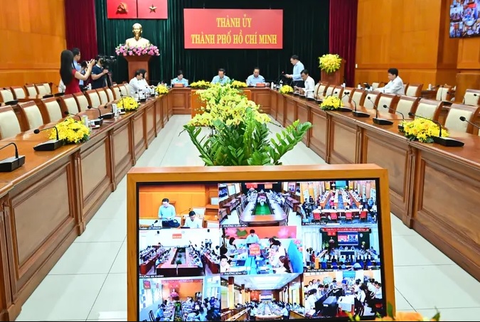 Điểm cầu chính tại trụ sở Thành ủy TPHCM. Ảnh: VIỆT DŨNG Điểm cầu chính tại trụ sở Thành ủy TPHCM. Ảnh: VIỆT DŨNG