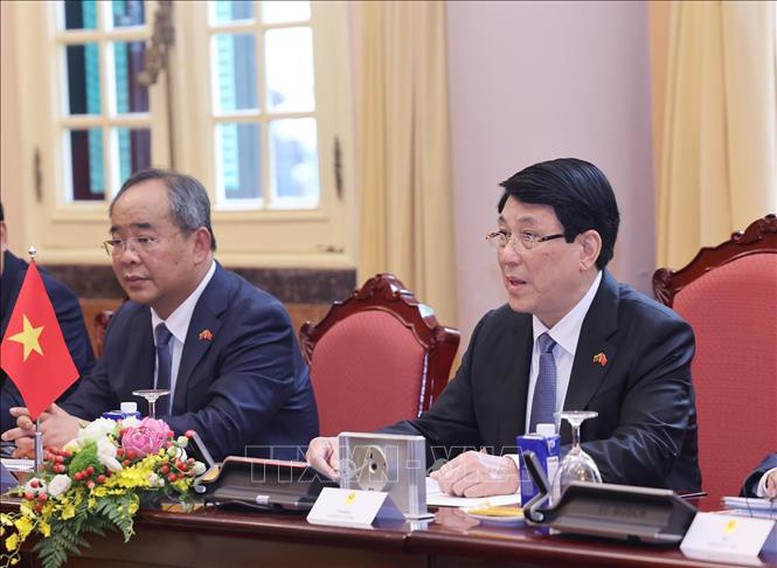 Chủ tịch nước Lương Cường phát biểu tại hội đàm - Ảnh: TTXVN