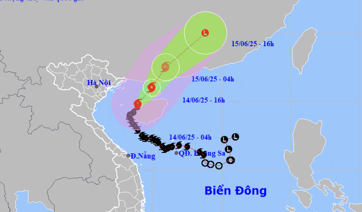 Dự báo vị trí và hướng di chuyển bão số 1 - Ảnh: NCHMF Dự báo vị trí và hướng di chuyển bão số 1 - Ảnh: NCHMF