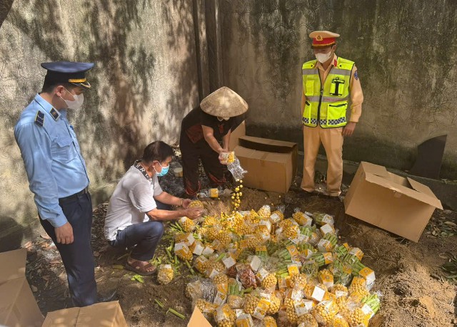 Tiến hành tiêu hủy hàng lô hàng hóa vi phạm dưới sự giám sát của lực lượng chức năng.