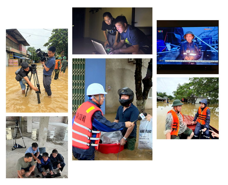 Các nhà báo tác nghiệp trong mùa lũ - Ảnh: VTV Các nhà báo tác nghiệp trong mùa lũ - Ảnh: VTV