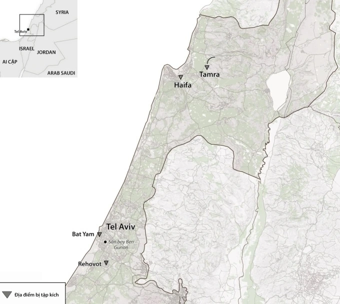 Các khu vực ở Israel hứng tập kích trả đũa của Iran. Đồ họa: Reuters