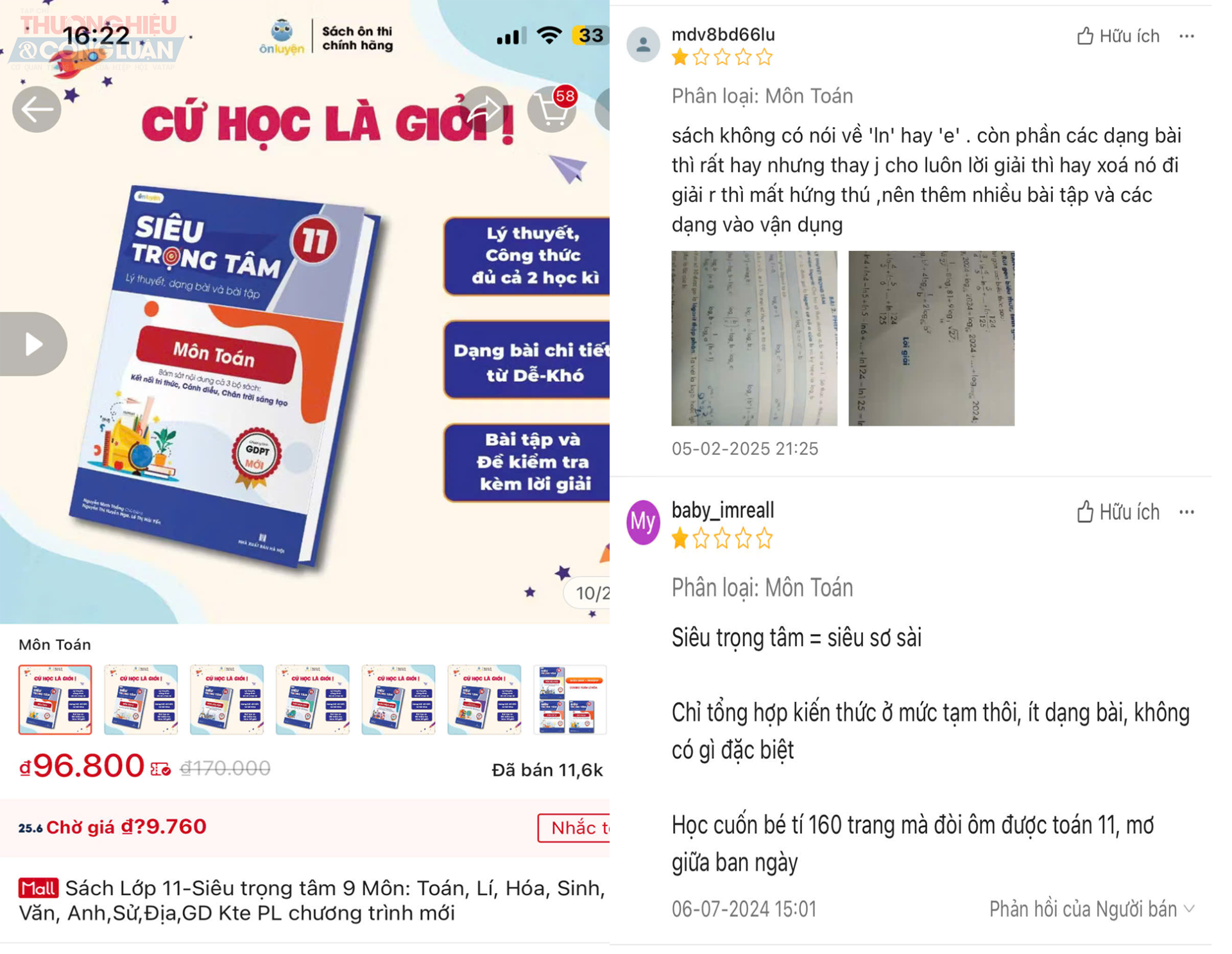 Đánh giá của một chủ tài khoản khi mua sách Siêu trọng tâm lớp 11 môn Hóa học trên Shopee.