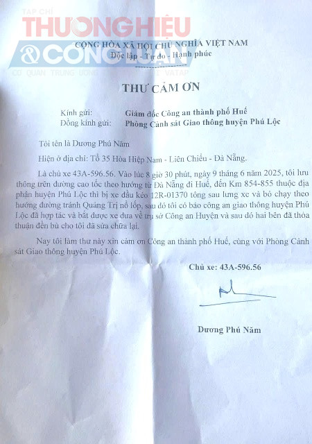 Thư Cảm ơn của Dương Phú Năm Thư Cảm ơn của Dương Phú Năm
