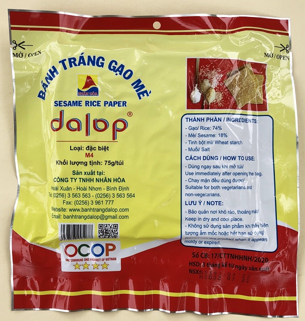 Bánh tráng gạo mè dalop loại đặc biệt M4 đạt danh hiệu “Sản phẩm OCOP 5 sao”. Ảnh: Viết Hiền Bánh tráng gạo mè dalop loại đặc biệt M4 đạt danh hiệu “Sản phẩm OCOP 5 sao”. Ảnh: Viết Hiền