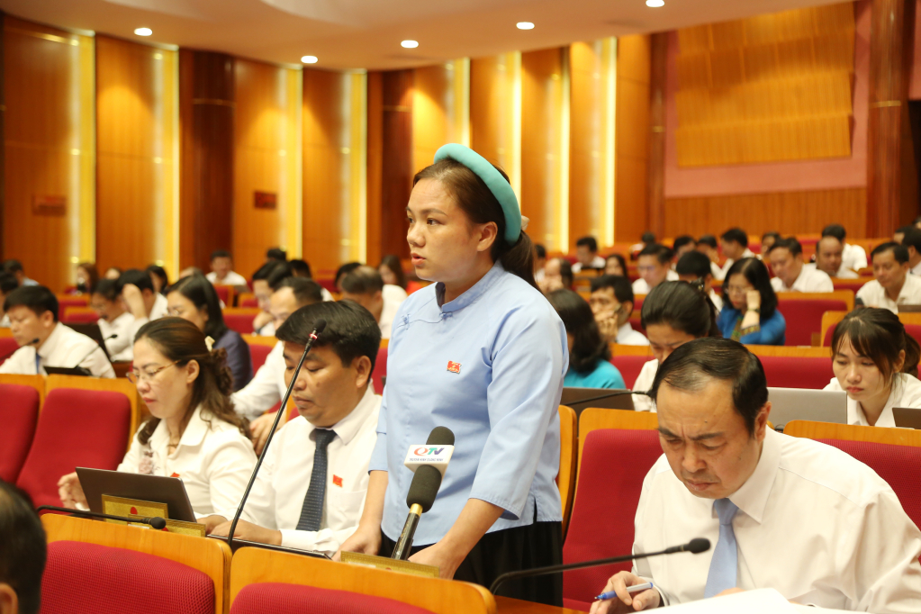 Đại biểu Sẻn Thị Hỷ, Tổ đại biểu HĐND TP Móng Cái, phát biểu thảo luận tại hội trường.