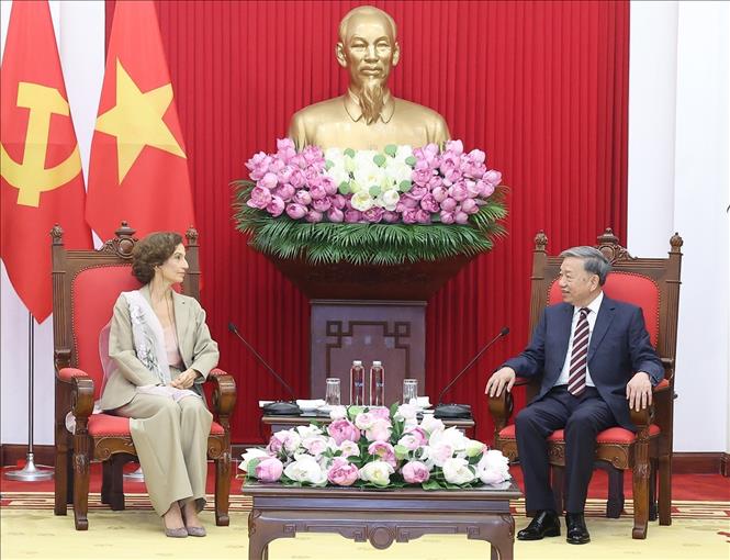 Tổng Bí thư Tô Lâm tiếp Tổng Giám đốc UNESCO Audrey Azoulay. Ảnh: Thống Nhất/TTXVN