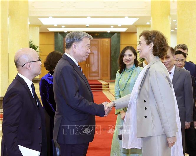 Tổng Bí thư Tô Lâm tiếp Tổng Giám đốc UNESCO Audrey Azoulay. Ảnh: Thống Nhất/TTXVN