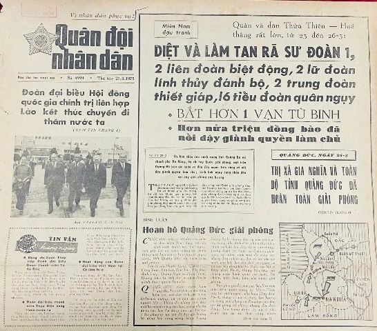 Tờ báo Quân đội Nhân dân ngày 29/3/1975, trong đó có nội dung Gia Nghĩa – Quảng Đức được giải phóng do người dân trao tặng cho bảo tàng Đắk Nông Tờ báo Quân đội Nhân dân ngày 29/3/1975, trong đó có nội dung Gia Nghĩa – Quảng Đức được giải phóng do người dân trao tặng cho bảo tàng Đắk Nông