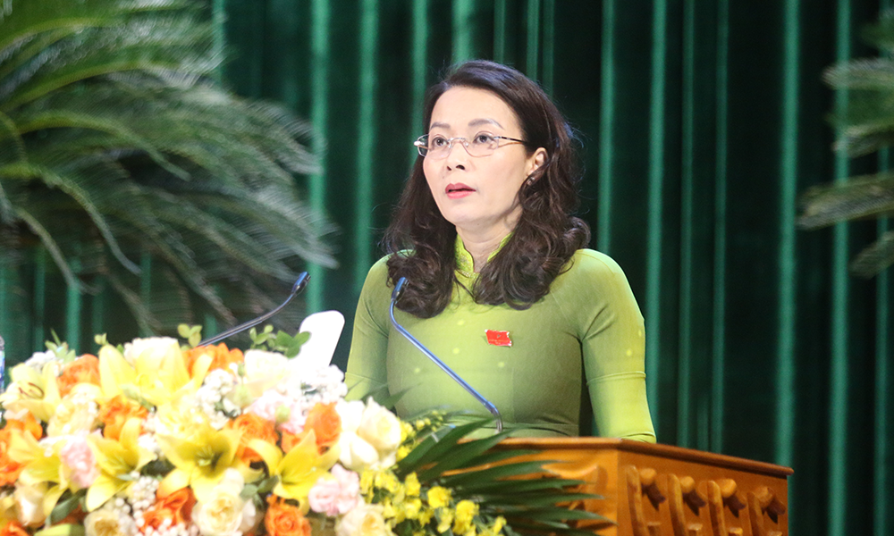 Đồng chí Nguyễn Thị Hương, Phó Bí thư Thường trực Tỉnh ủy, Chủ tịch HĐND tỉnh phát biểu khai mạc kỳ họp.