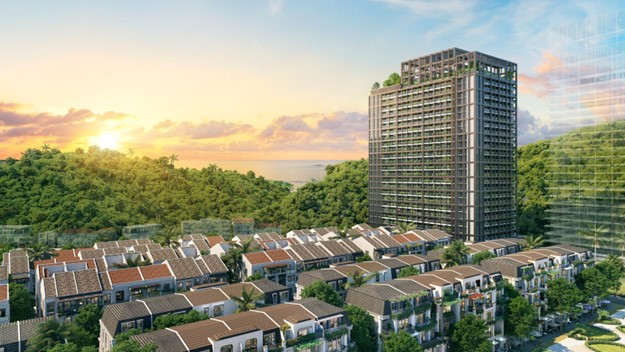 Tòa tháp The Xanh 2 vươn mình như “siêu du thuyền” giữa biển trời Cát Bà (Ảnh: Sun Property)