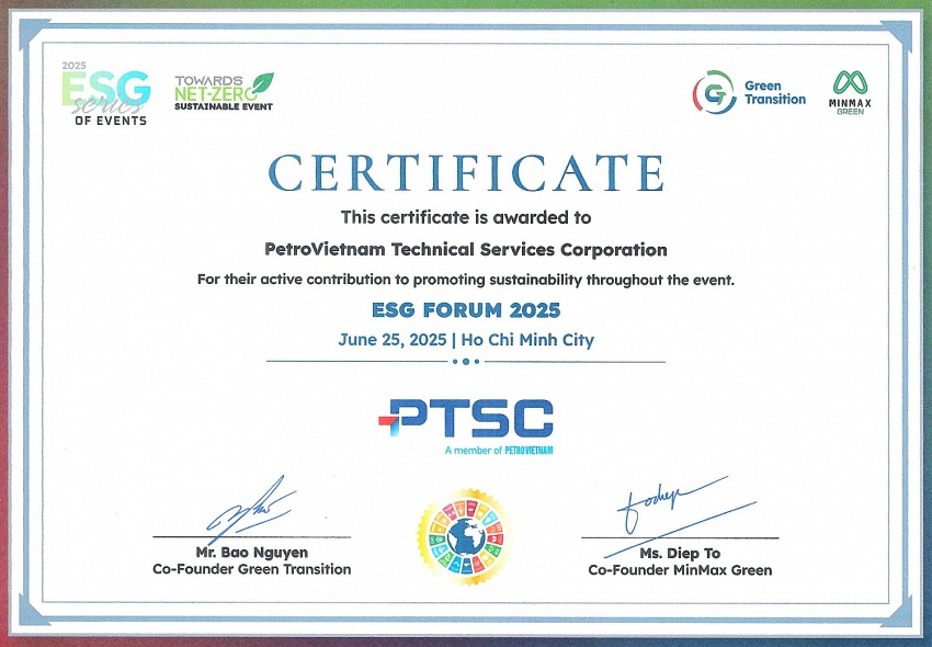 Chứng nhận ghi nhận đóng góp tích cực của PTSC vào công tác thúc đẩy phát triển bền vững trong khuôn khổ sự kiện ESG Forum 2025