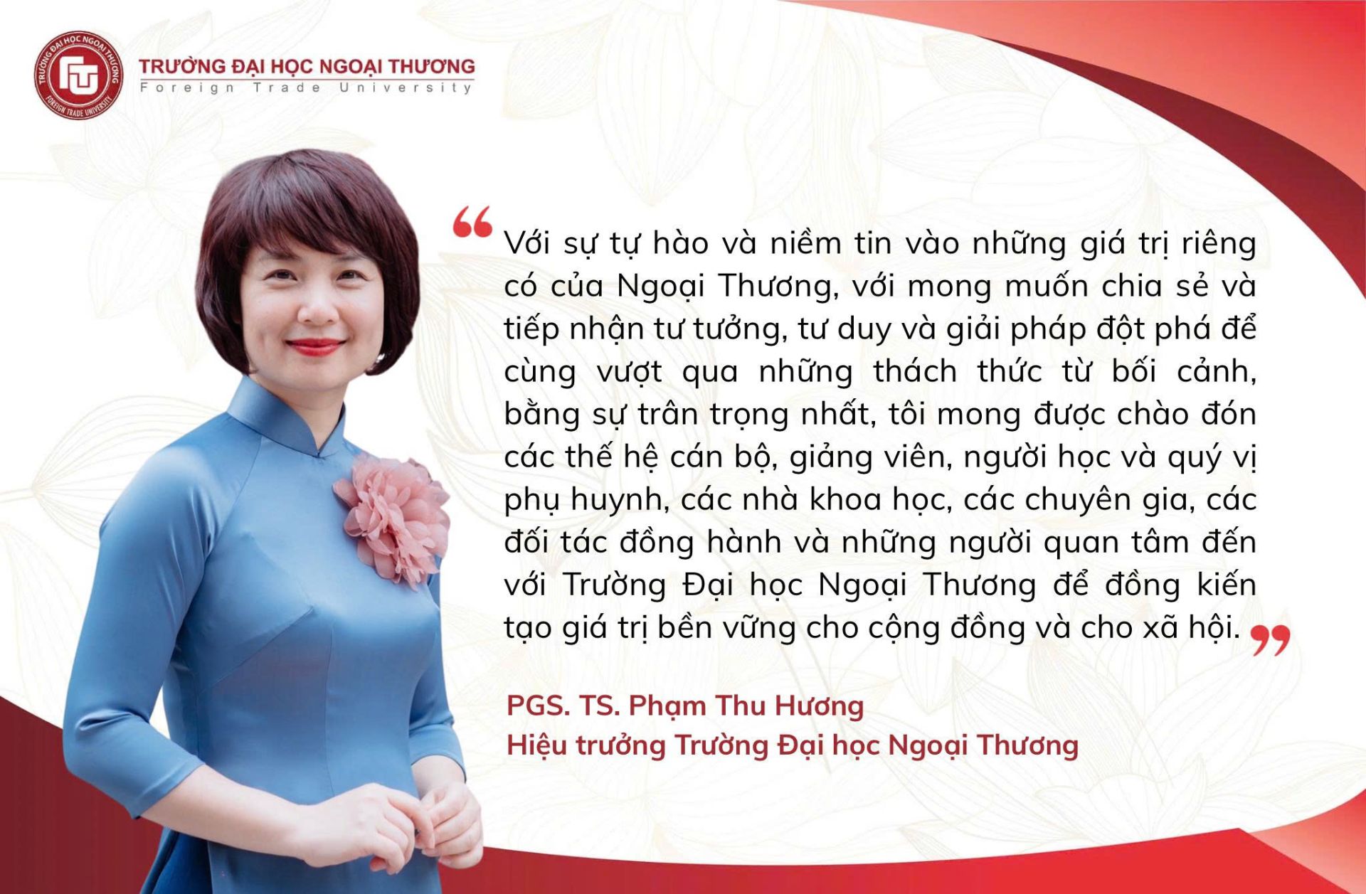 PGS.TS Phạm Thu Hương trở thành nữ Hiệu trưởng thứ hai trong lịch sử của Trường Đại học Ngoại thương. PGS.TS Phạm Thu Hương trở thành nữ Hiệu trưởng thứ hai trong lịch sử của Trường Đại học Ngoại thương.