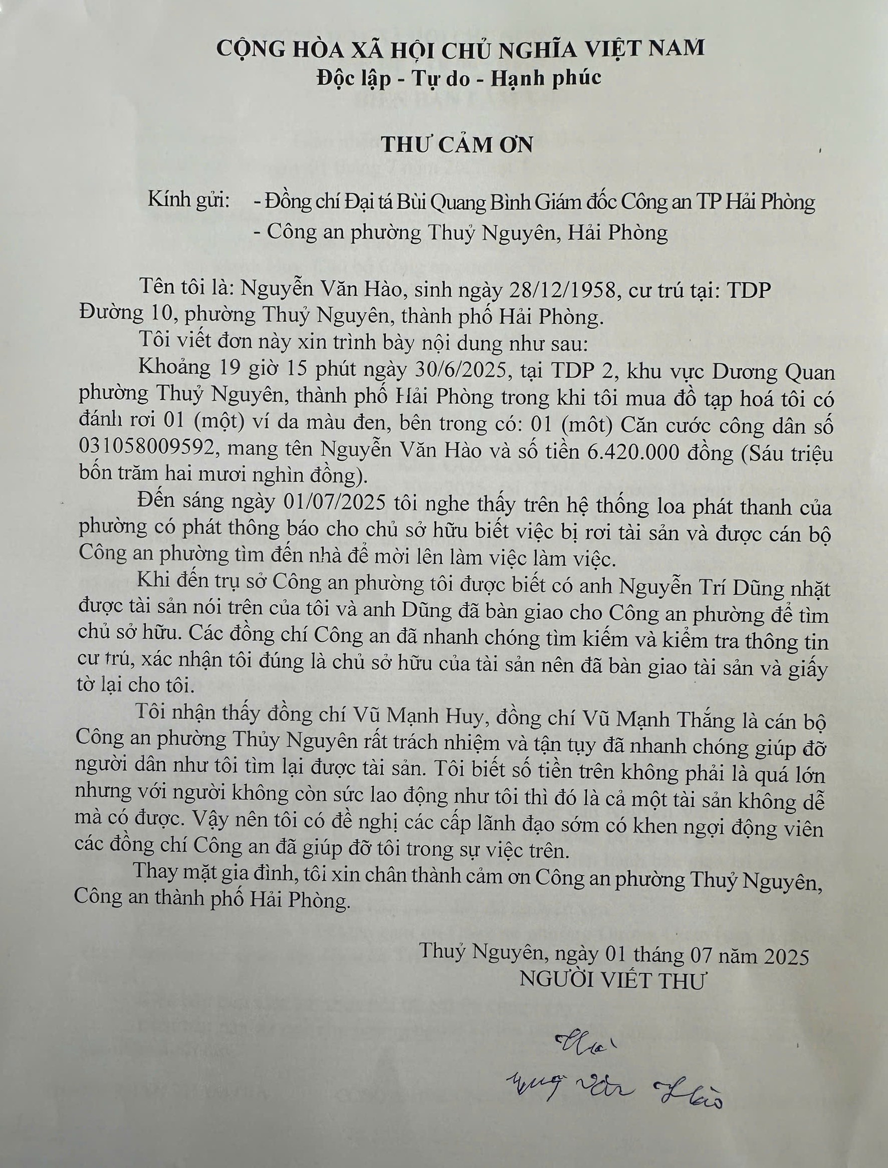 Thư cảm ơn của ông Nguyễn Văn Hào Thư cảm ơn của ông Nguyễn Văn Hào