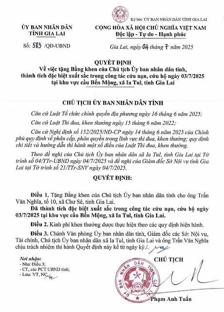 Quyết định số 583/QĐ-UBND của Chủ tịch UBND tỉnh Gia Lai. Ảnh: VH Quyết định số 583/QĐ-UBND của Chủ tịch UBND tỉnh Gia Lai. Ảnh: VH
