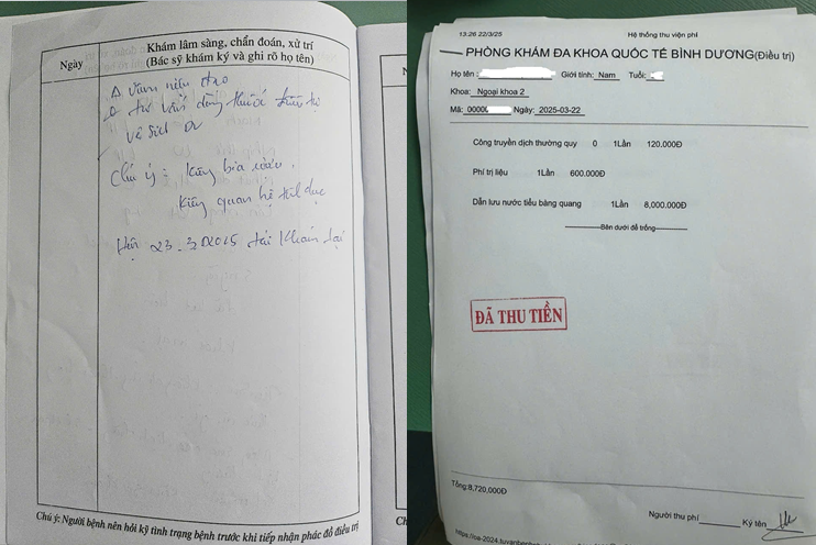 Trong phiếu thu tiền lại ghi điều trị cho anh H. là “dẫn lưu nước tiểu bàng quang” với chi phí là 8 triệu đồng Trong phiếu thu tiền lại ghi điều trị cho anh H. là “dẫn lưu nước tiểu bàng quang” với chi phí là 8 triệu đồng