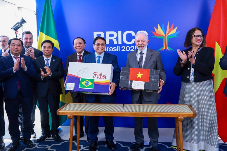 Thủ tướng Chính phủ và Tổng thống Brazil chứng kiến Lễ công bố lô hàng xuất khẩu cá tra-basa và cá rô phi đầu tiên của Việt Nam sang Brazil và Lễ công bố lô hàng xuất khẩu thịt bò đầu tiên của Brazil sang Việt Nam - Ảnh: VGP/Nhật Bắc