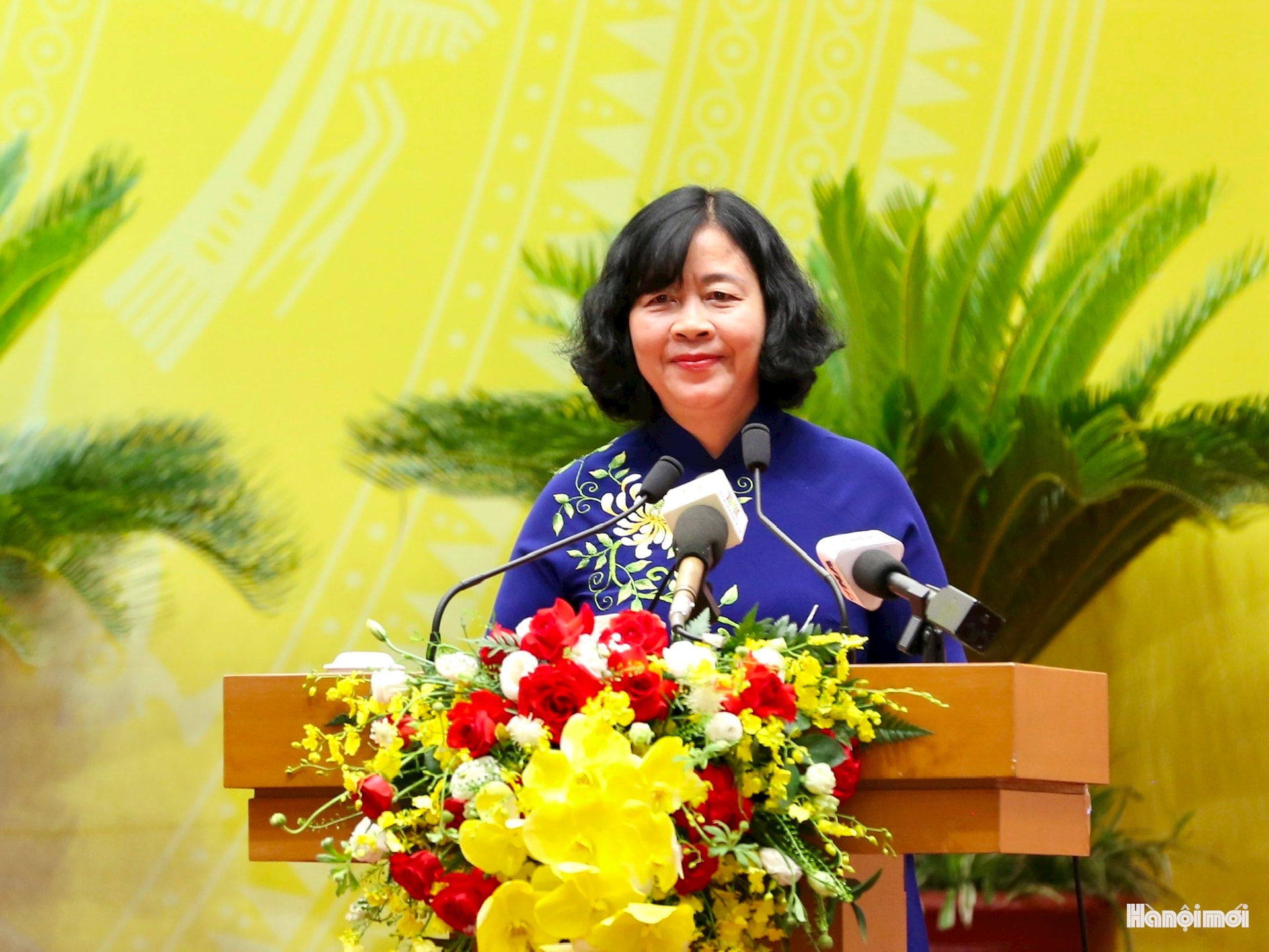 Bí thư Thành ủy Hà Nội Bùi Thị Minh Hoài phát biểu. Ảnh: Viết Thành Bí thư Thành ủy Hà Nội Bùi Thị Minh Hoài phát biểu. Ảnh: Viết Thành