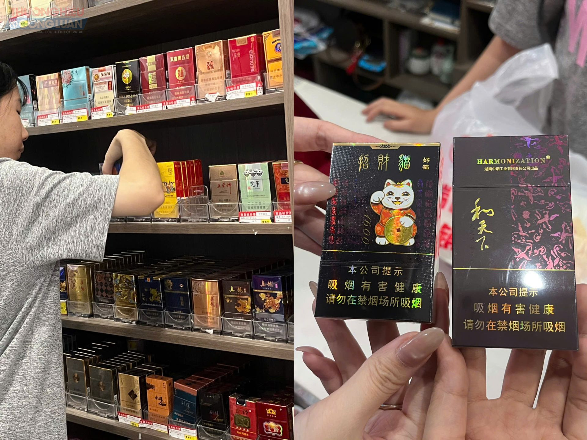 Hàng chục loại thuốc lá được bày bán công khai.