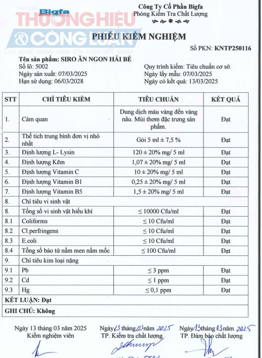 Kết quả kiểm nghiệm lô 5002 sản phẩm Siro ăn ngon Hải Bé do Phòng kiểm tra chất lượng thuộc Công ty Cổ phần BIFA thực hiện