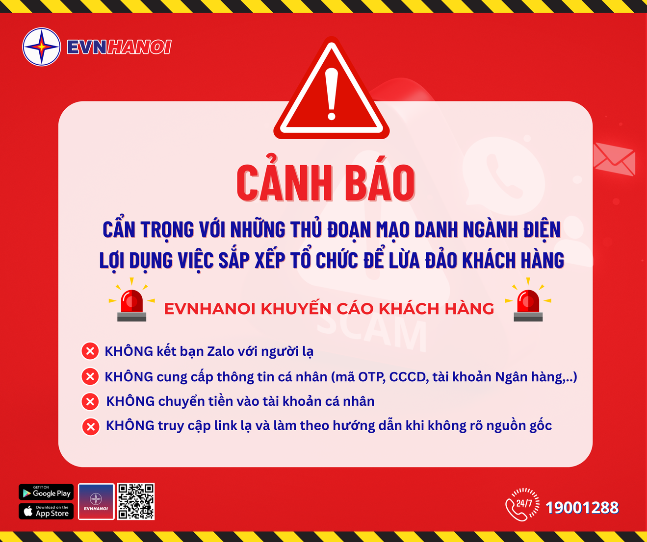 EVNHANOI khuyến cáo khách hàng cảnh giác trước những cuộc gọi, tin nhắn bất thường