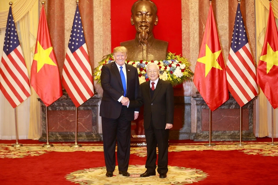 Tổng Bí thư, Chủ tịch nước Nguyễn Phú Trọng tiếp Tổng thống Hoa Kỳ Donald Trump tại Phủ Chủ tịch năm 2019. (Ảnh: TTXVN)
