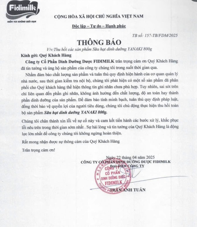 Công ty Fidimilk ra thông báo chủ động thu hồi 3 sản phẩm sữa Công ty Fidimilk ra thông báo chủ động thu hồi 3 sản phẩm sữa