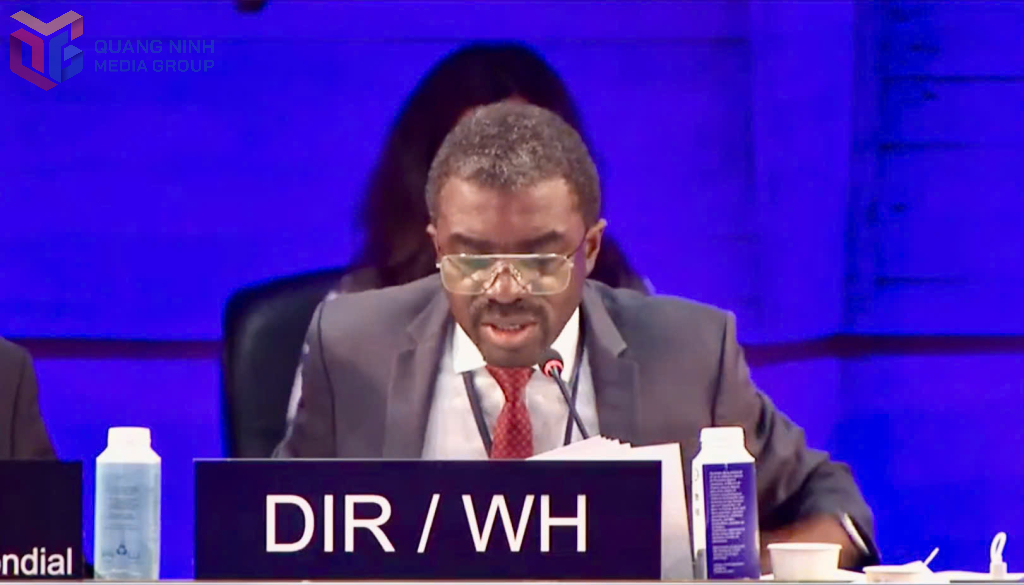 Ông Lazare Eloundou Assomo, Giám đốc Trung tâm Di sản Thế giới nhiều lần tới Quảng Ninh khảo sát các di tích, danh thắng nổi bật, phát biểu.