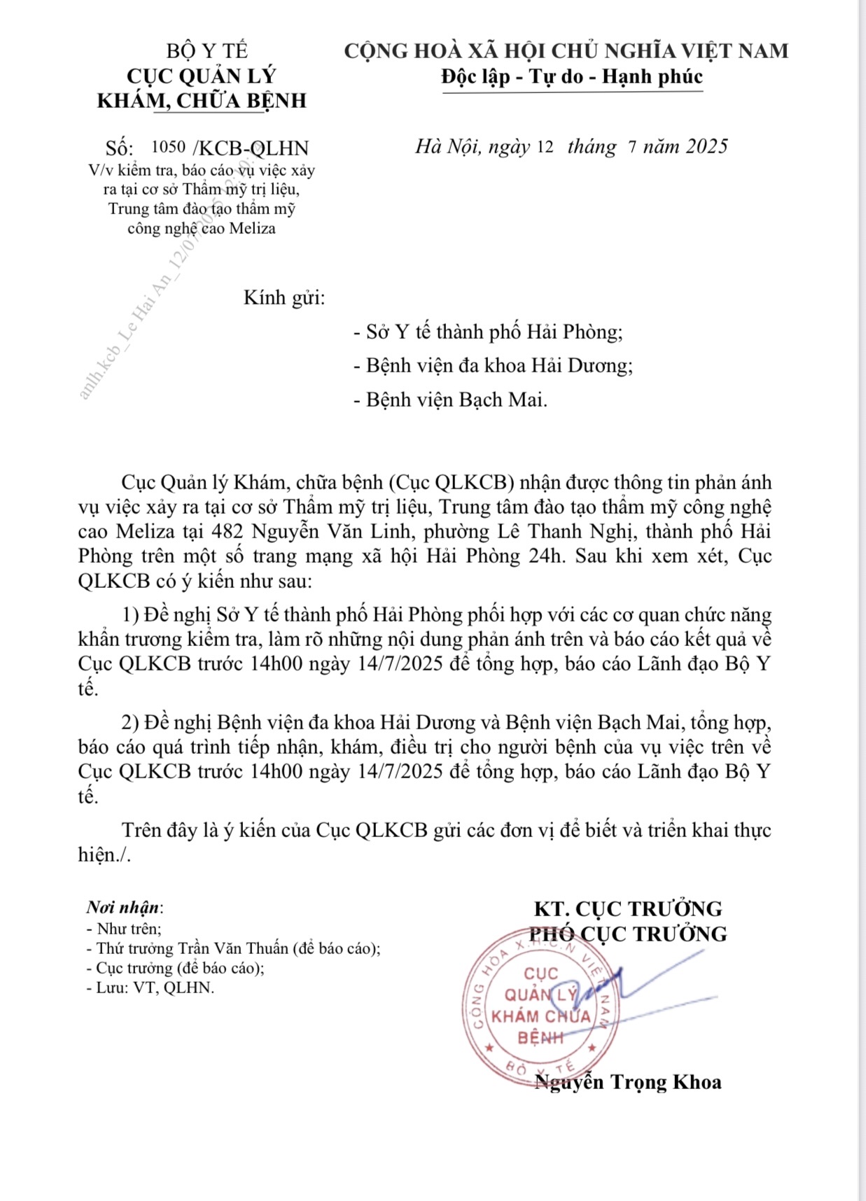 Văn bản gửi Sở Y tế TP. Hải Phòng, Bệnh viện Đa khoa TP. Hải Dương và Bệnh viện Bạch Mai
