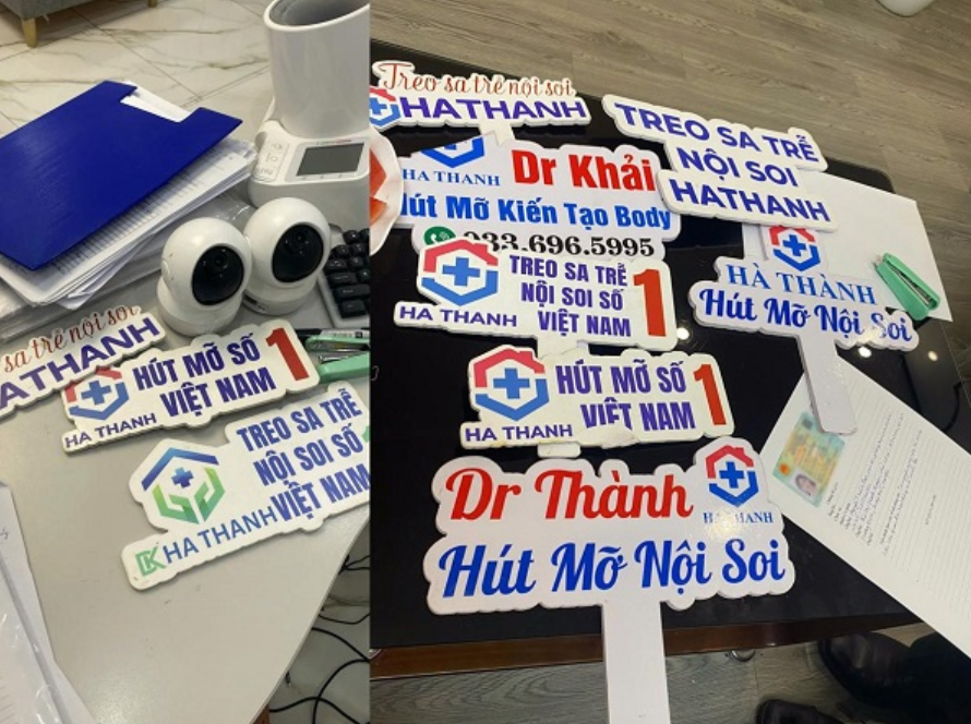 Các biển quảng cáo, dụng cụ và tài liệu thu giữ tại cơ sở thẩm mỹ HT CLINIC. Ảnh: Công an TP. Hà Nội Các biển quảng cáo, dụng cụ và tài liệu thu giữ tại cơ sở thẩm mỹ HT CLINIC. Ảnh: Công an TP. Hà Nội