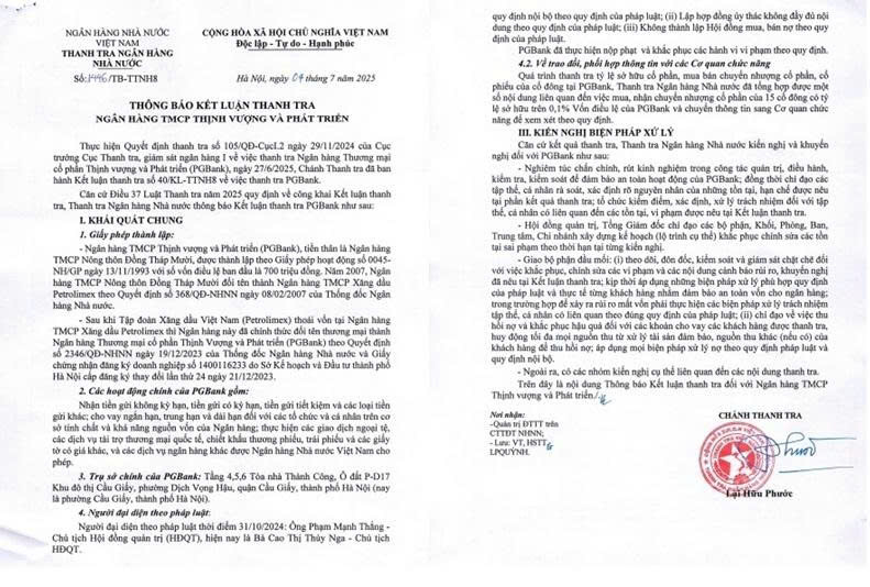 Một phần thông báo kết luận thanh tra của Ngân hàng Nhà nước về Ngân hàng TMCP Thịnh vượng và Phát triển (PGBank)