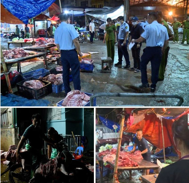 Lực lượng chức năng kiểm tra các kiot bán thịt lợn tại chợ Phùng Khoang, phát hiện nhiều thịt lợn nhiễm bệnh đang tiêu thụ ngoài chợ. (Ảnh: Cổng thông tin điện tử Công an TP Hà Nội)