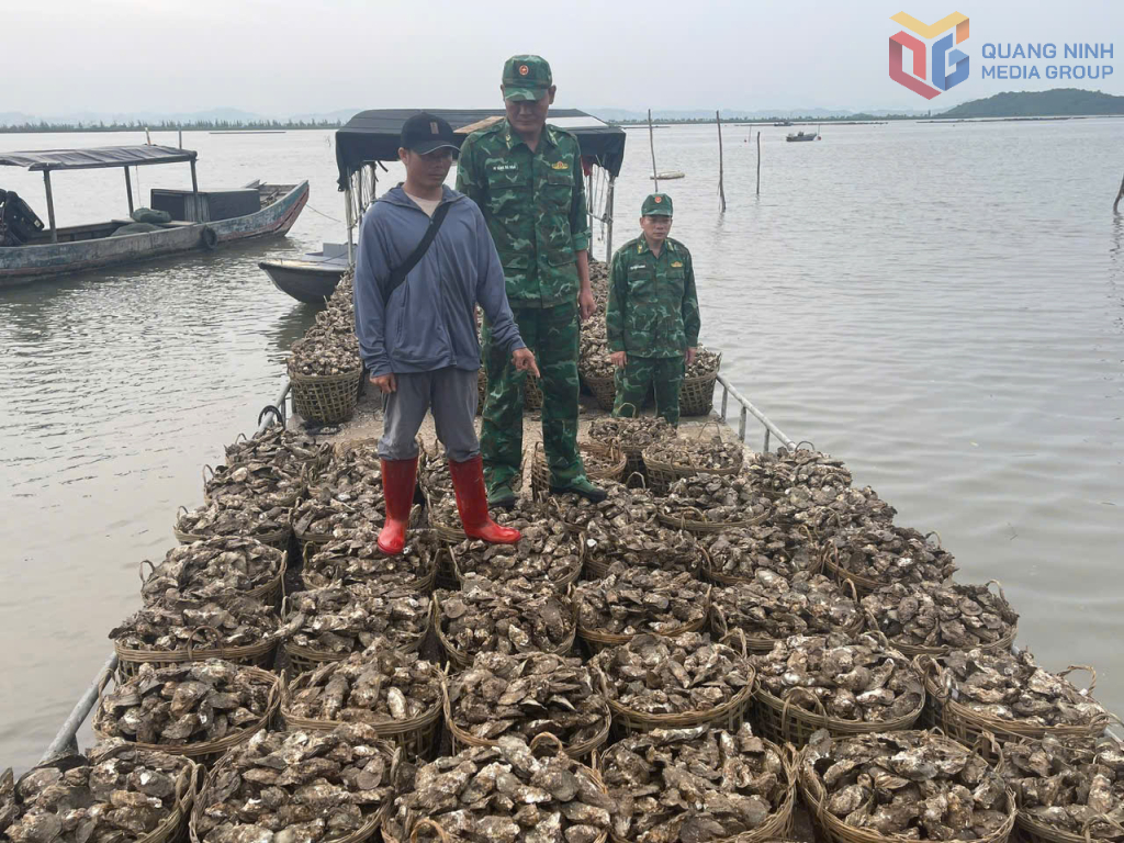 Lý Văn Xuân cùng chiếc bè chở 4 tấn hàu trái phép từ Trung Quốc về Việt Nam.