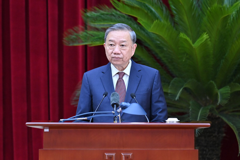 Tổng Bí thư Tô Lâm phát biểu bế mạc Hội nghị. (Ảnh ĐĂNG KHOA)