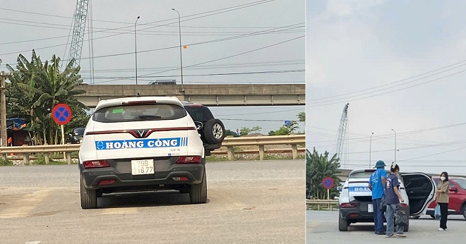 Một xe trung chuyển gắn biển trắng của Hoàng Công sẵn sàng đợi khách tại ngã ba Cao Bồ