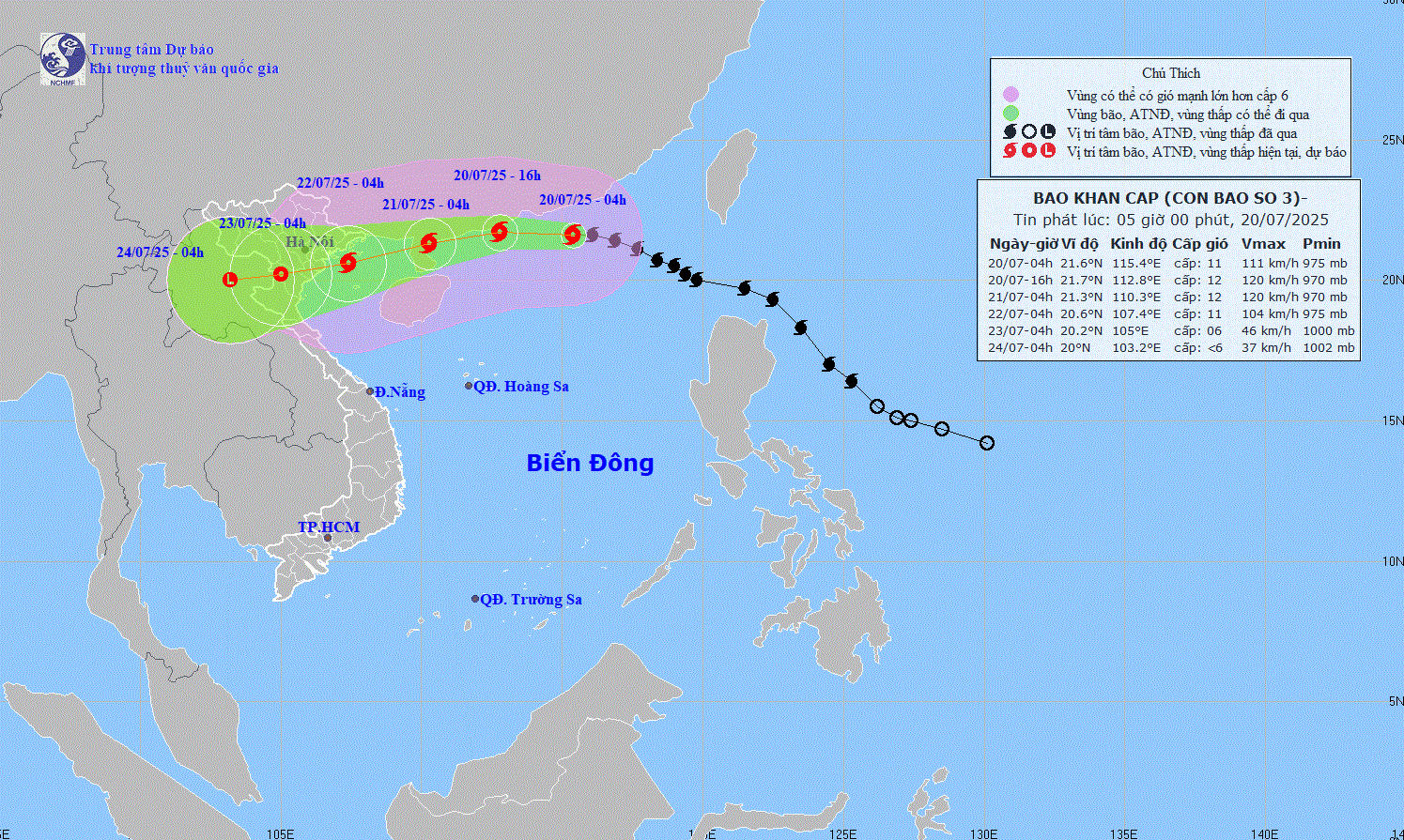 Bản đồ dự báo quỹ đạo và cường độ bão số 3 phát lúc 5h ngày 20-7. Ảnh: Nchmf Bản đồ dự báo quỹ đạo và cường độ bão số 3 phát lúc 5h ngày 20-7. Ảnh: Nchmf