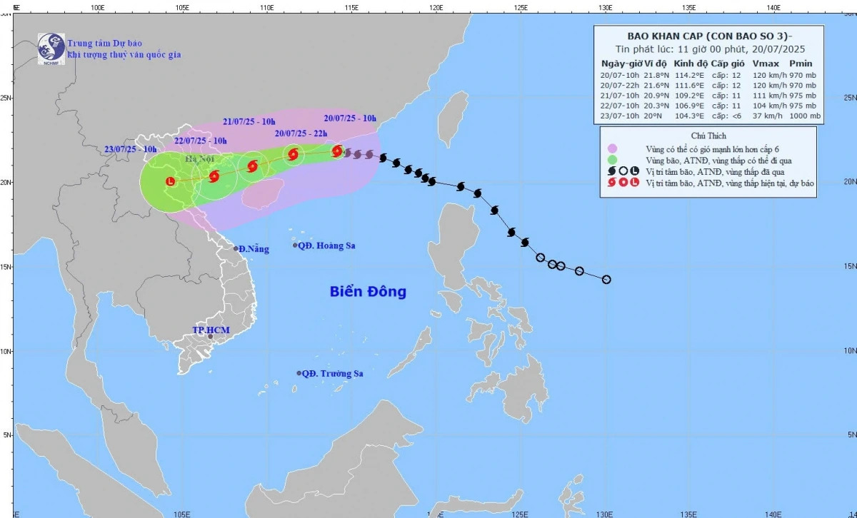Bão số 3 giật cấp 15 cách bờ biển Quảng Ninh-Hải Phòng khoảng hơn 600 km