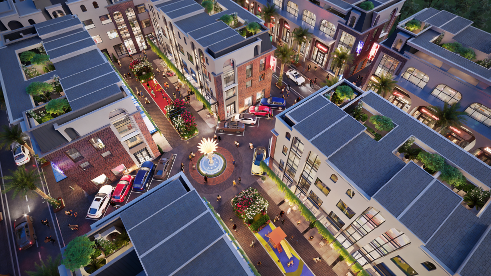 Palmy Biztown gồm 142 căn bizhouse – mô hình bất động sản thương mại đa năng thế hệ mới, kết hợp giữa mục tiêu đầu tư sinh lời và khai thác kinh doanh linh hoạt. (Ảnh phối cảnh dự án)