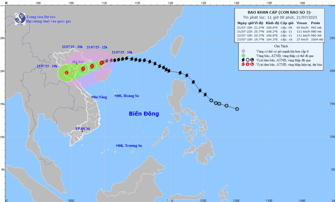 Vị trí và đường đi của bão Wipha cập nhật vào 11 giờ ngày 21/7. Ảnh: Trung tâm Dự báo Khí tượng Thủy văn Quốc gia