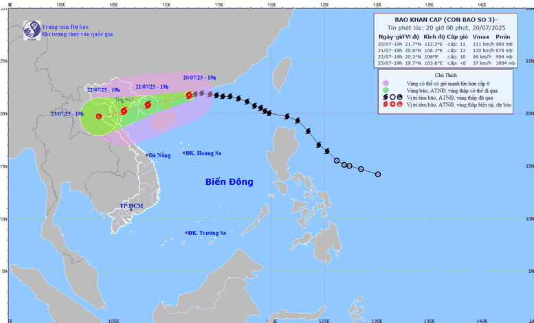 Dự báo bão số 3 sẽ ảnh hưởng đến Bắc Bộ và Bắc Trung Bộ từ chiều tối ngày 21/7, gây gió mạnh, mưa lớn - Ảnh: Trung tâm Dự báo Khí tượng thủy văn quốc gia.