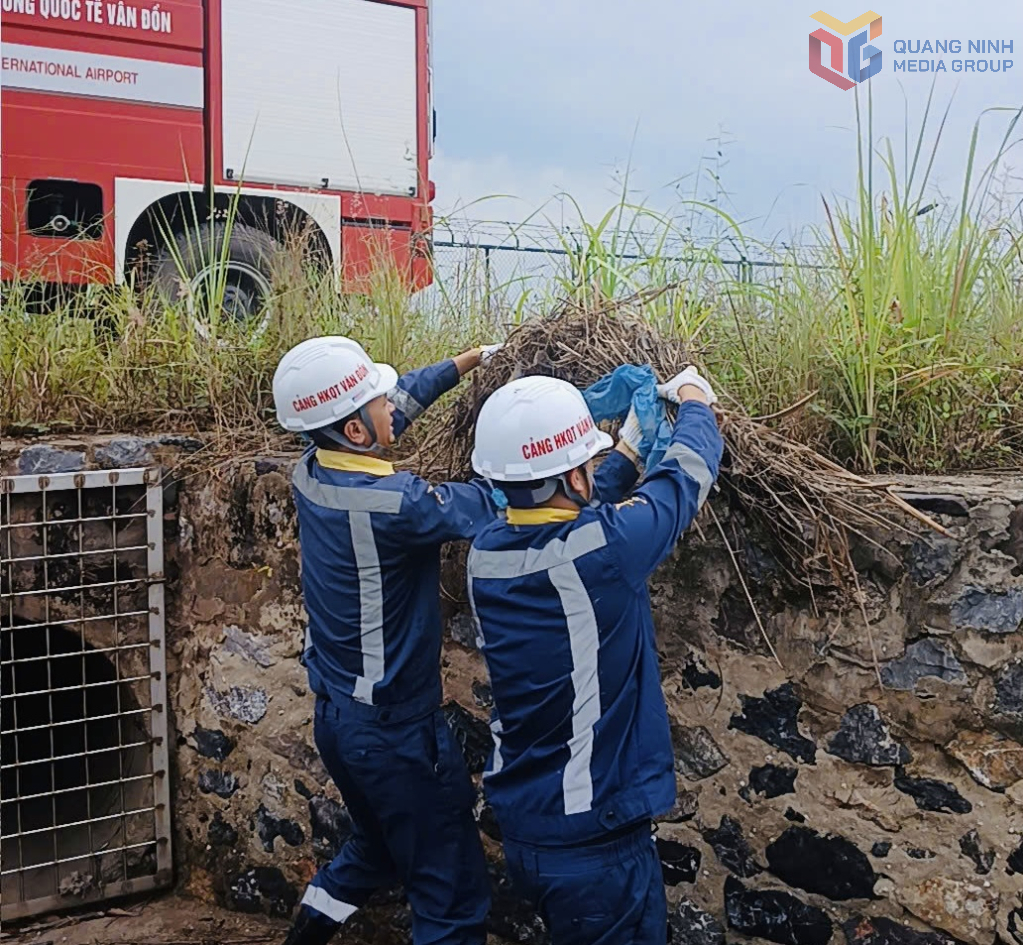 Nhân viên dọn rác ở các đường mương xung quanh sân bay đảm bảo thoát nước khi mưa lớn.