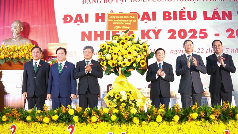 Phó Thủ tướng Hồ Đức Phớc nhiệt liệt chúc mừng và biểu dương những thành quả quan trọng mà Đảng bộ Tập đoàn Công nghiệp Cao su Việt Nam đã đạt được - Ảnh: VGP/Trần Mạnh