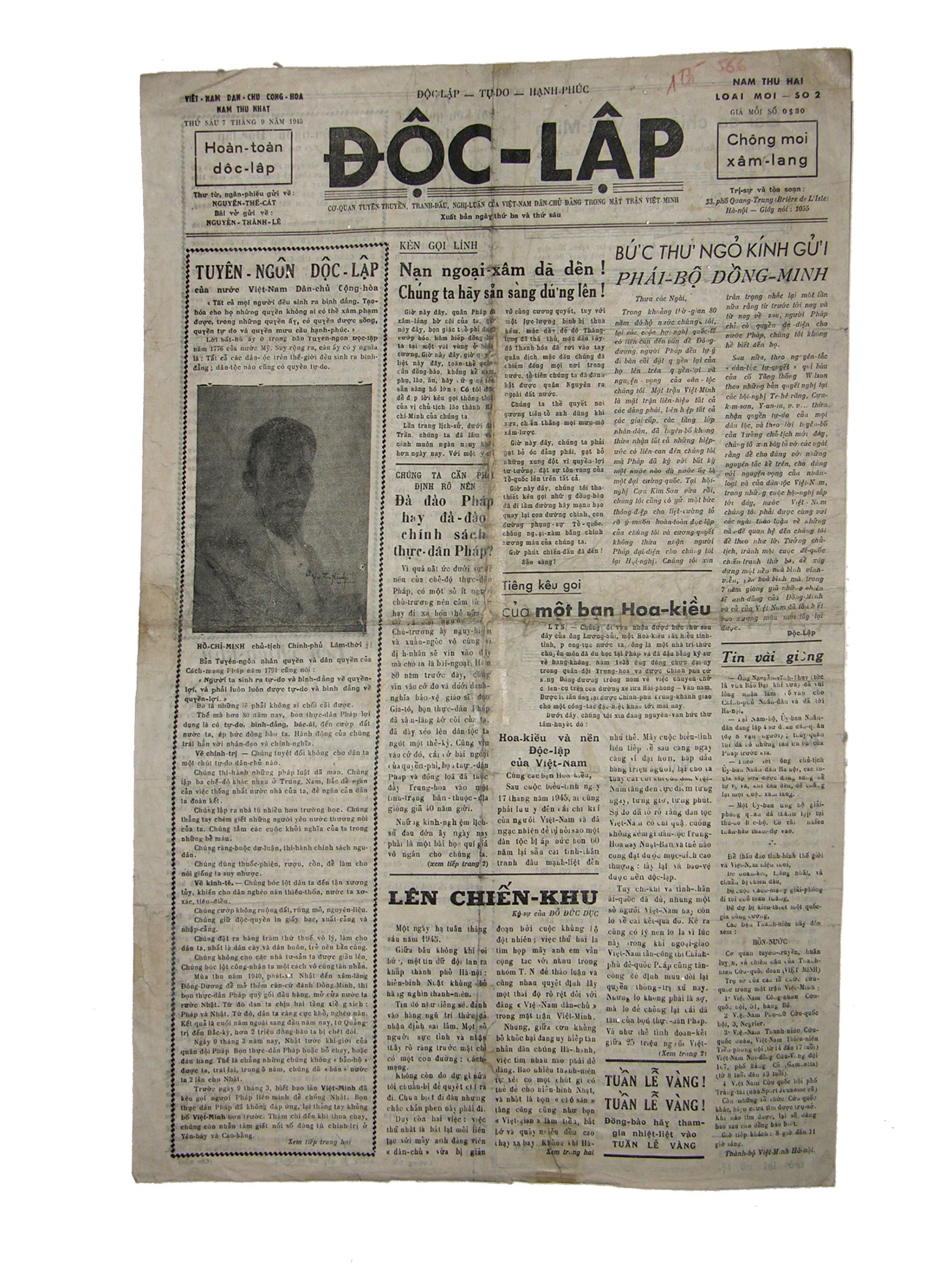 Báo Độc lập - Cơ quan tuyên truyền của Việt Nam Dân chủ Đảng. Số ra ngày 10/5/1945