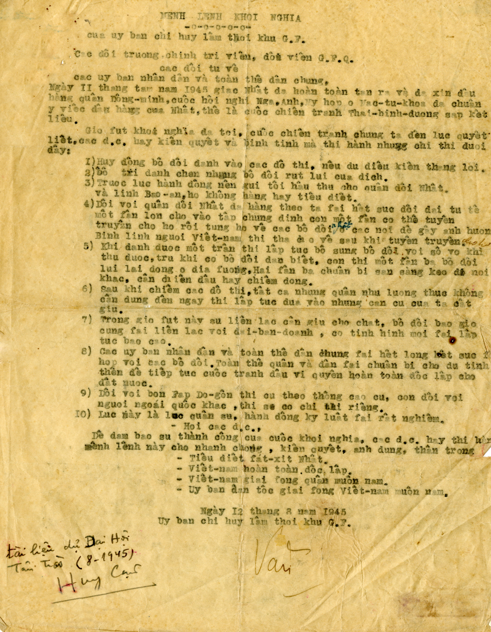 Mệnh lệnh khởi nghĩa của Uỷ ban chỉ huy lâm thời khu giải phóng, ngày 12/8/1945.