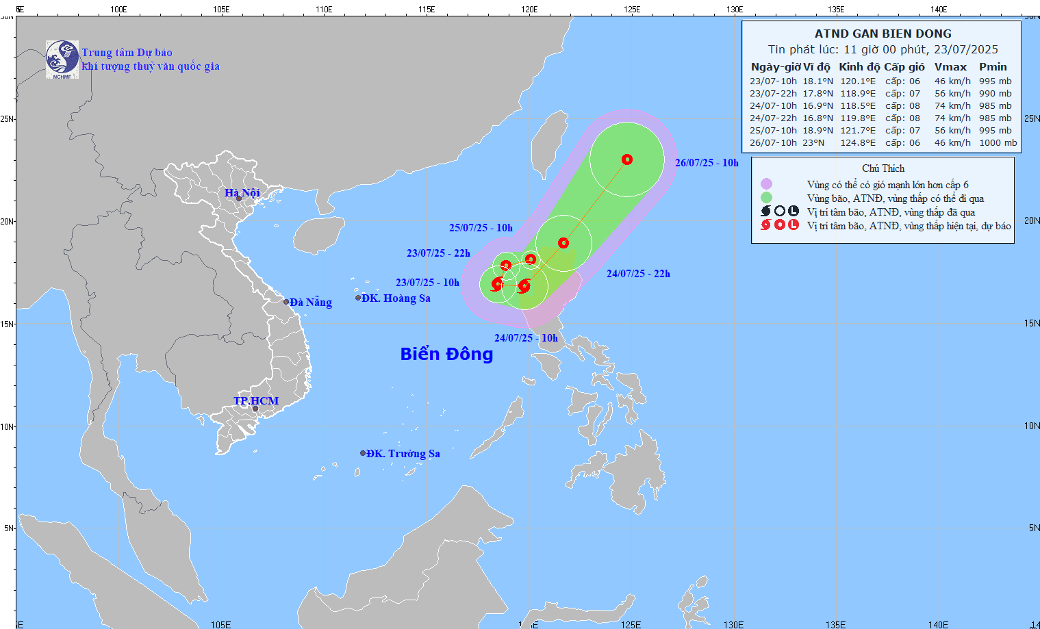 Hướng di chuyển của áp thấp nhiệt đới sáng 23/7. Nguồn: NCHMF